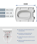 White Soft Close Toilet Seat Featuring Quick Release And Adjustable Top Mount Hinges Smooth Like Silk Slow Shut Lid dimensions and specs diagram.