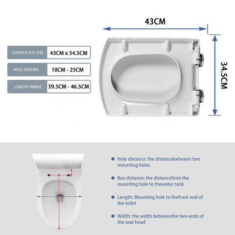 White Soft Close Toilet Seat Featuring Quick Release And Adjustable Top Mount Hinges Smooth Like Silk Slow Shut Lid dimensions and specs diagram.