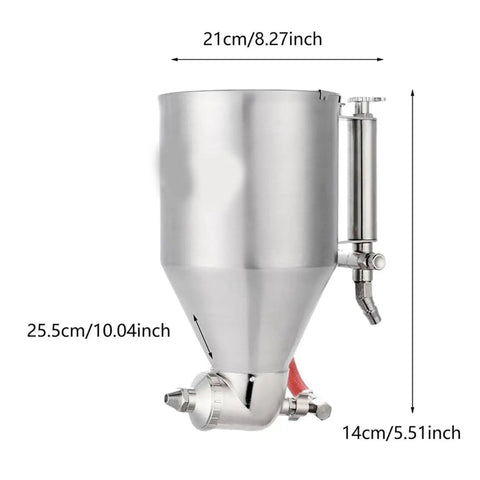 Heavy Duty Pneumatic Stucco Cement Sprayer Hopper With Stainless Steel Body, dimensions labeled, professional tool for contractors.