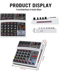 Front and side views of Six Channel Audio Mixer For Live Streaming Karaoke And Home Studio Recording With USB MP3 Bluetooth.