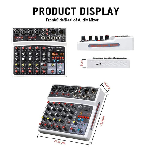 Front and side views of Six Channel Audio Mixer For Live Streaming Karaoke And Home Studio Recording With USB MP3 Bluetooth.