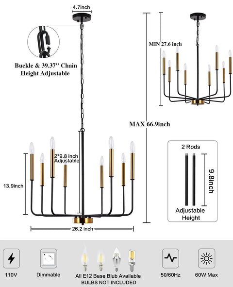 8 Light Farmhouse Chandelier With Dope Black And Gold Finish Modern Candle Pendant Lighting For Kitchen Island Living Room Dining Room Foyer Or Entryway Height Adjustable Chain And Center Rods For Custom Height