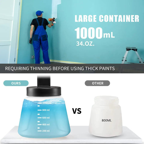Cordless Paint Sprayer For Home Interior And Exterior, 1200ML Cup shown compared to 800ML cup with a person painting a wall.