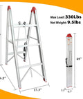3 Step Folding A Frame Ladder, Portable Lightweight Aluminum, Dual Axis Fold Design, Ultra Compact Grab And Go For Home, Garage And DIY Projects, Easy To Carry And Store, Sturdy High Strength Construction For Safe Reaching, 330 lb load