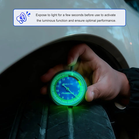 Mechanic using 32nds Tire Tread Depth Gauge With Glow In The Dark Luminescent Dial And Storage Bag For Cars Trucks And Motorcycles Pro Grade Thread Depth Gauge For Easy On The Job Readouts With Ultra Accurate Clear Readouts For Pro Mechanics on a tire.