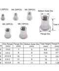 Rivet Nut Tool Kit 136 Pcs Set With M3 M4 M5 M6 M8 Mandrels And 130 Aluminum Ribbed Rivnuts showing dimensions chart.
