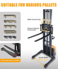 Compact Electric Pallet Stacker Rock Solid Workhorse 3300 Lb Capacity 138 Inch Max Lift Height Gel Battery Powered Forklift with adjustable fork widths.