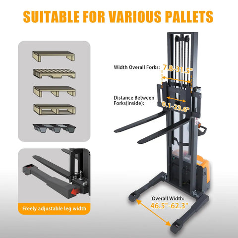 Compact Electric Pallet Stacker Rock Solid Workhorse 3300 Lb Capacity 138 Inch Max Lift Height Gel Battery Powered Forklift with adjustable fork widths.