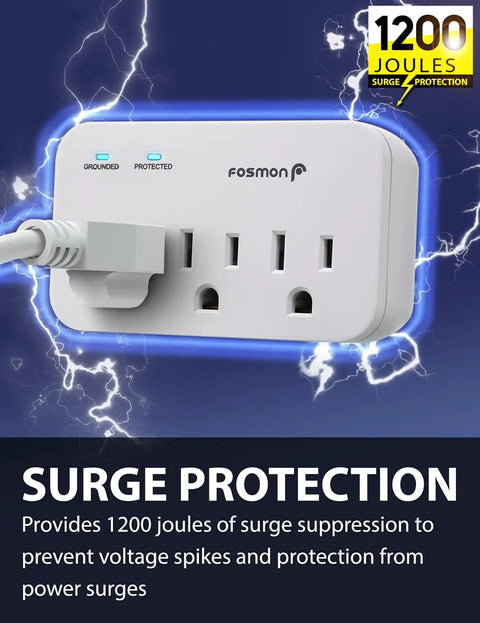Refrigerator Surge Protector With 3 Outlets, Heavy Duty Appliance Guard For Fridge, Microwave, Washer, Garage Door And More, 1200J 1875W, 3 Prong, ETL Listed, Safe Home Power Shield showing 3 grounded outlets and indicators.