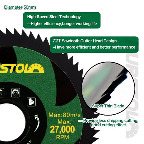 Close-up of 72T high-speed steel 2 Inch HSS Circular Saw Blade Set for Mini Angle Grinders, 50mm diameter.