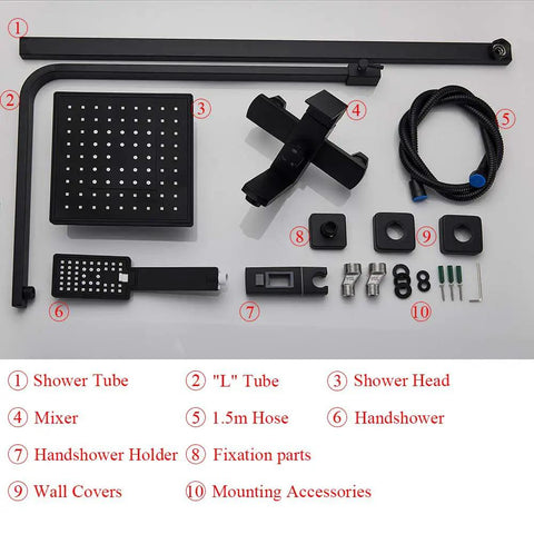 UMJIGF Matte Black Shower System with Cold and Hot Water Shower Faucet Set Multifunction Single Handle Shower Combo Set parts layout.