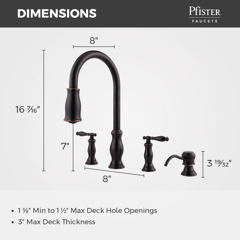 Dimensions of Hanover Kitchen Sink Faucet With Pull Down Sprayer And Soap Dispenser Tuscan Bronze 16 7/16 inch high faucet