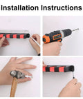 Installation steps for Wall Mount Fishing Rod Rack Organizer For Garage Or Home, showing measuring, drilling, and securing steps.