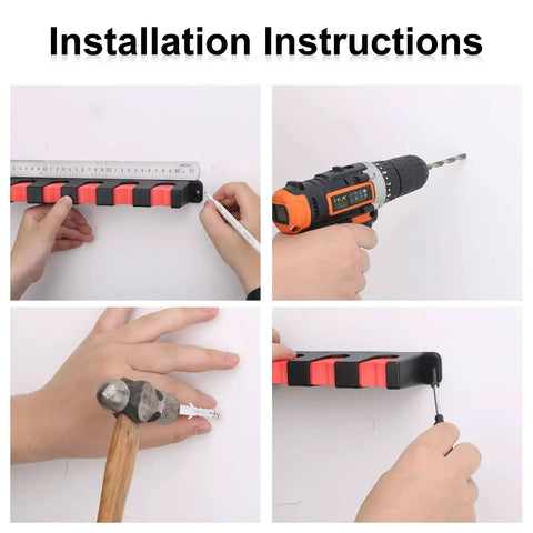 Installation steps for Wall Mount Fishing Rod Rack Organizer For Garage Or Home, showing measuring, drilling, and securing steps.