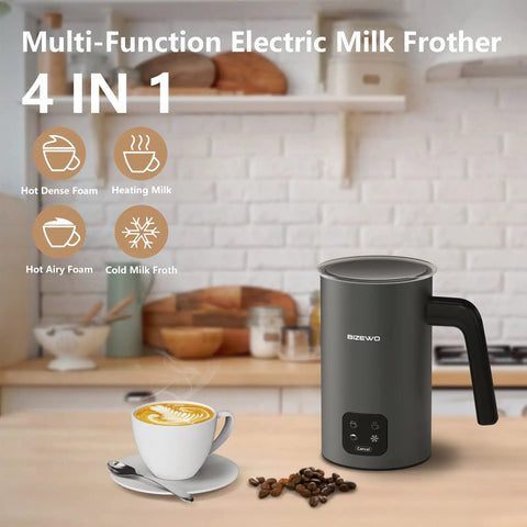 4 In 1 Milk Frother And Warmer With Stainless Steel Build And Touch Screen on a kitchen counter near coffee beans and latte