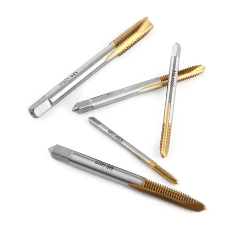 Grab This Premium M8 Metric HSS Thread Tap Kit With Forward Chip Ejection And Hard Coating For Rugged Repair Jobs And Serious Cutting Tasks That Need Top Tier Durability And Precision In Every Single Screw Operation. Five-piece M8 HSS taps on white background