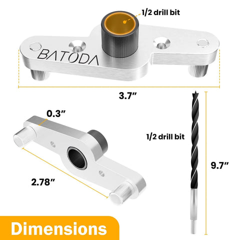 Dimensions of Heavy Duty Dowel Jig Kit For Floating Shelf Brackets With One Half Inch Drill Bit Included, aluminum construction