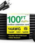 100 Ft Outdoor Extension Cord 14/3 SJTW Black Contractor Grade Weather Resistant Durable Not For EV Chargers Heavy Duty Power Cable For Tools Equipment Garden And Construction coiled with plug