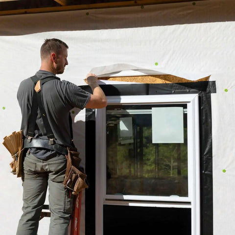 Worker installing Pro Grade Flashing Tape For Windows And Doors, 3.75 Inch Wide, 30 Foot Roll, all-weather, black, around window