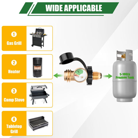 100 Lb Propane Tank Adapter With Gauge Converts POL To QCC1 Type 1 showing wide applicability for grills and heaters.