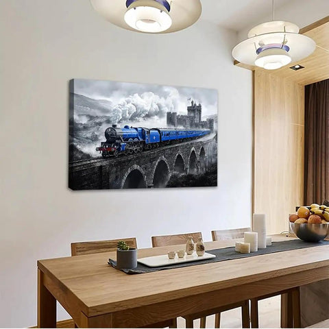 Blue Train On Stone Bridge Wall Art Canvas Print Vintage Locomotive Steam Engine Poster For Living Room Bedroom Decor Modern Home Style 20x30 Inches Unframed