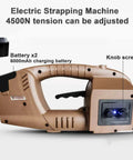 Heavy Duty Portable Electric Strapping Machine For 12-19 Mm PP PET Plastic Bands Handheld Automatic Baler Tool With Dual 6000 Mah Batteries side view showing adjustable tension knob and battery compartment.