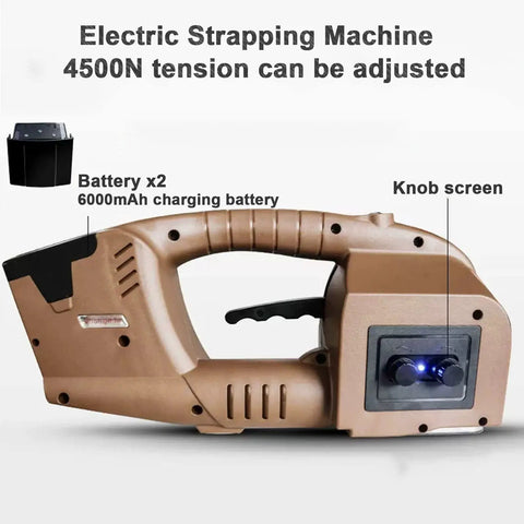 Heavy Duty Portable Electric Strapping Machine For 12-19 Mm PP PET Plastic Bands Handheld Automatic Baler Tool With Dual 6000 Mah Batteries side view showing adjustable tension knob and battery compartment.