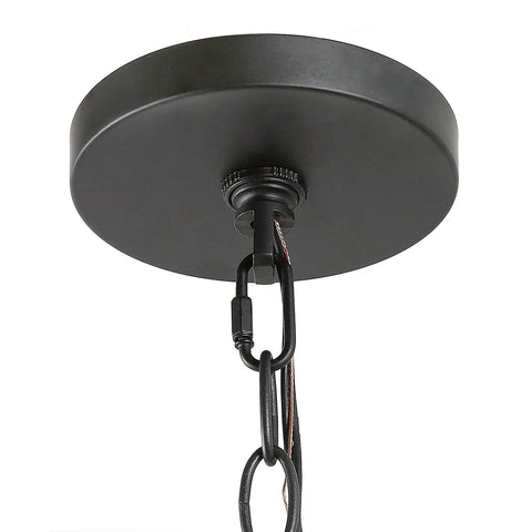 Close-up of ceiling mount and chain for Farmhouse Drum Chandelier For Dining Room, Dope Retro Black Wire Frame With Wood Grain Panels
