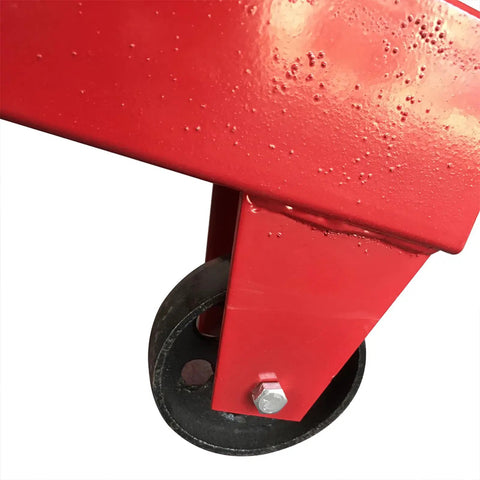 Close-up of swivel caster on Heavy Duty Folding Engine Hoist And Cherry Picker, showcasing sturdy red steel frame.