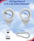 Smooth As Butter 360 Rotating Flag Pole Rings 2 Pack Heavy Duty Aluminum Alloy Mounting Clips illustrating sizes for 0.75 to 1.02 inch poles.