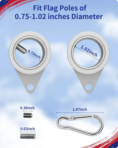 Smooth As Butter 360 Rotating Flag Pole Rings 2 Pack Heavy Duty Aluminum Alloy Mounting Clips illustrating sizes for 0.75 to 1.02 inch poles.