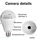 Detailed view of Light Bulb Cam With 360 Panoramic View Full HD 1080P Night Vision Dome Surveillance Cam with SD card slot and mic