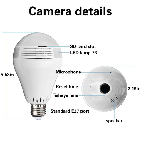 Detailed view of Light Bulb Cam With 360 Panoramic View Full HD 1080P Night Vision Dome Surveillance Cam with SD card slot and mic