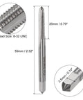 10Pc Workhorse 8-32 UNC Machine Tap Set In 6542 High Speed Steel With Straight Flute showing dimensions for precise threading