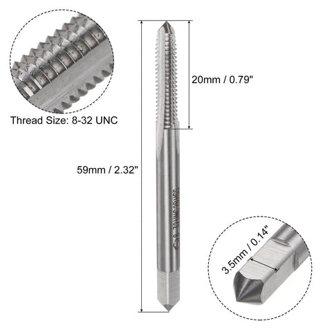 10Pc Workhorse 8-32 UNC Machine Tap Set In 6542 High Speed Steel With Straight Flute showing dimensions for precise threading