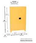 Heavy Duty American Made 45 Gallon Flammable Liquid Storage Cabinet With Self Closing Latches dimensions showing height, width, and depth.