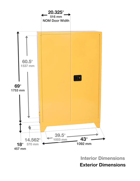Heavy Duty American Made 45 Gallon Flammable Liquid Storage Cabinet With Self Closing Latches dimensions showing height, width, and depth.