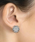 Straight Up Iconic Silver Plated Crystal Square Grid Wings Earrings Featuring Real Swarovski Crystals Surgical Steel Posts worn in ear.