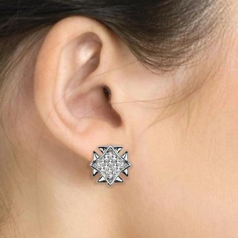 Straight Up Iconic Silver Plated Crystal Square Grid Wings Earrings Featuring Real Swarovski Crystals Surgical Steel Posts worn in ear.