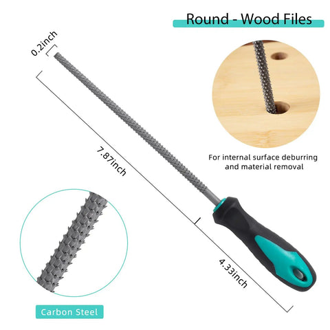 Kickstart Your Carpentry Game With This Hella Durable Eight Inch Wood Rasp File Set Featuring Flat Round Half Round And Triangular Teeth For Knotty Smoothing Badass Wood Finishing Work - Round carbon steel wood file for deburring, 7.87 inch.