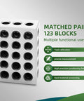 Front view of matched pair of white 1x2x3 precision blocks with 23 holes, tool steel