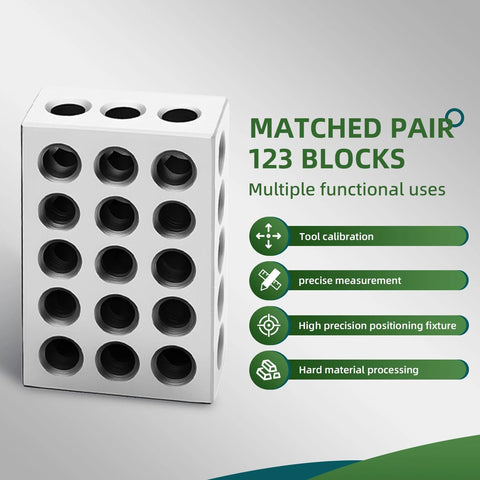 Front view of matched pair of white 1x2x3 precision blocks with 23 holes, tool steel