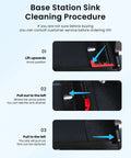 Base station cleaning procedure infographic for Roborock S7 Max Ultra; lift up, pull left, remove sink.
