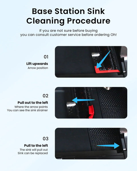 Base station cleaning procedure infographic for Roborock S7 Max Ultra; lift up, pull left, remove sink.