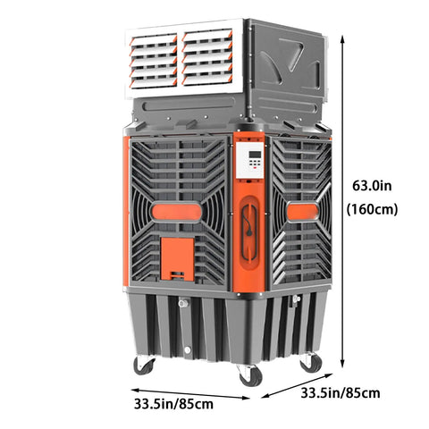 Industrial Grade Evaporative Cooler Featuring 50 Fan Speeds And Copper Motors Pumping Hella Fresh Air Across 1800 Square Feet Patios Warehouses Barns And Workshop Areas Smashing Stale Heat Until You Chill Out Totally, showing dimensions of 63in height and 33.5in width.