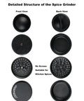 Front and back views of black 2.5 Inch Aluminum Herb Grinder With Top Storage And Large Bottom Chamber 3 Piece 4 Part Spice Grinder