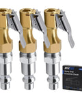 Beefy Brass Air Chuck Set Of 3 For Schrader Valves, Closed Flow Design With One Quarter Inch FNPT Threads, Heavy Duty Build