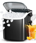 Hella Fast Portable Countertop Ice Maker Drops Fresh Cubes In Six Minutes With Sturdy Carry Handle and orange drink.