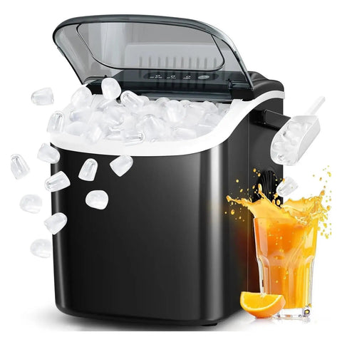 Hella Fast Portable Countertop Ice Maker Drops Fresh Cubes In Six Minutes With Sturdy Carry Handle and orange drink.