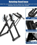 Foldable Bike Wheel Truing Stand With Spoke Wrench For Home Mechanics Aluminum Alloy Frame Front Three Point Nine Inch And Rear Five Point Three Inch Compatibility Includes Ruler Knob Adjustments Easy Portable Wheel Maintenance Kit featuring rotating fixed base.